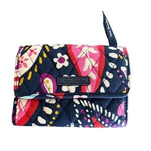 Vera Bradley Painted Paisley Tri-Fold Wallet Window ID Credit Cards Blue Pink
